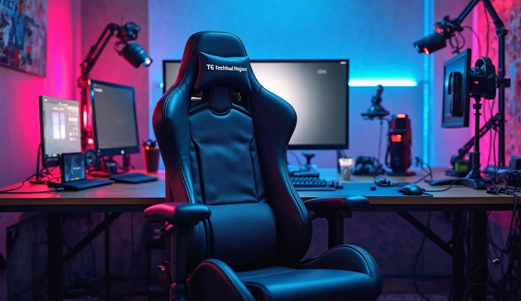 Photo Generate Prompt 👇
Just an empty gaming chair on a modern gaming chair in the studio. It has the words "TG Technical Shipon" written on it. The studio backdrop is lit with vibrant neon lights in blue and pink, along with tech gadgets like microphones,...