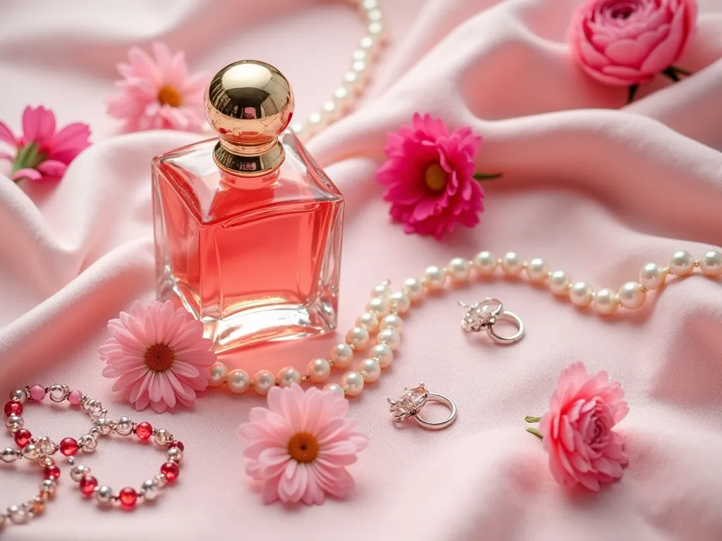 There is a pink tablecloth on the table surface. There is a bottle of red perfume on the table, there are beads and individual beads, pearls, decorations,  earrings, rings. Flowers of different shades lie between them. There is an empty space for text in t...