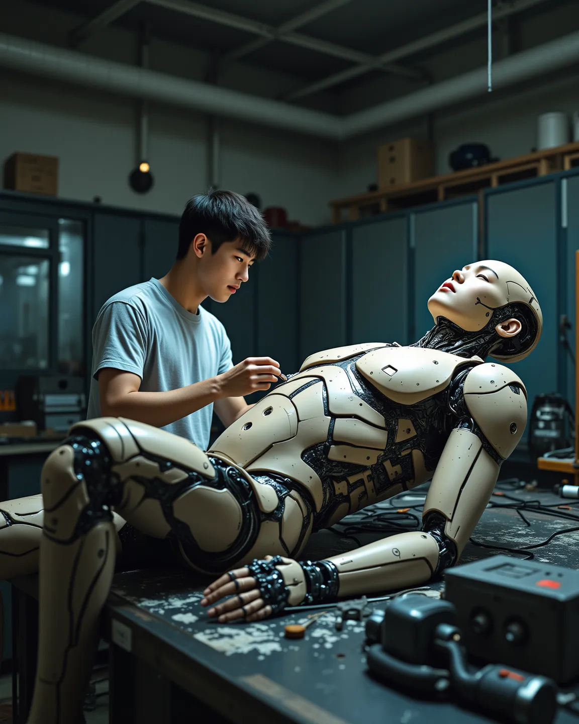 A damaged dummy robot like a Korean male idol，Life-sized，Robot lying flat on workbench，welds，Human Face，8 abdominal muscles ，Chest Full ，Artificial skin，A male classmate is repairing it