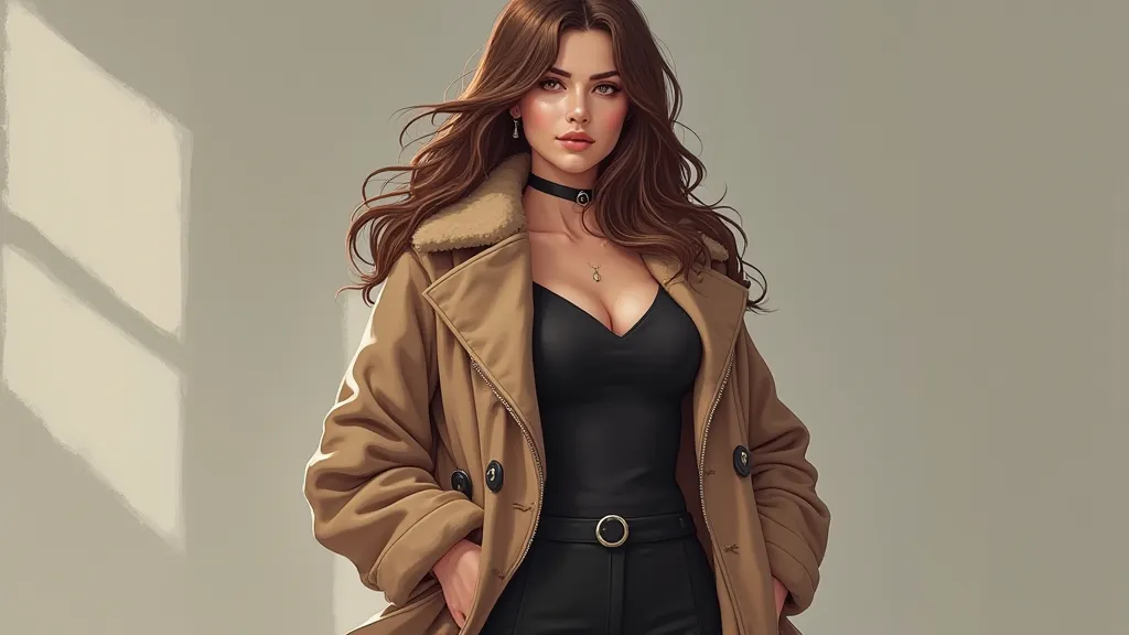 Esra a beautiful Turkish girl, doctor, anime, brown hair, very tall , Pantacollant Neri, Mostramela Totally, brown furry furry jacket, black soft material tights