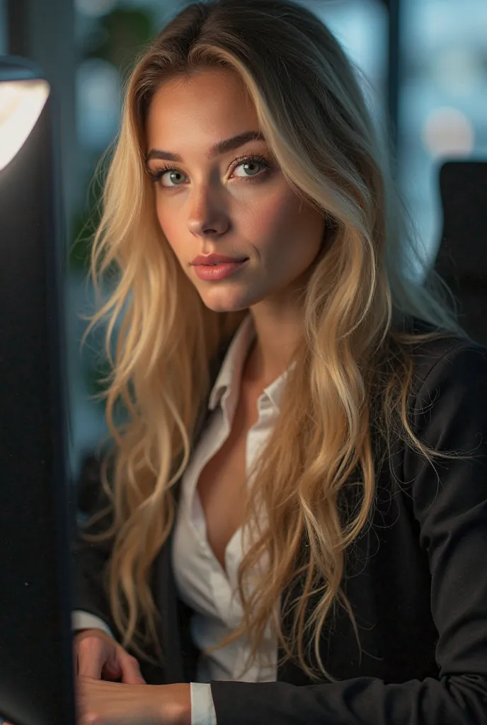 a beautiful girl with long blonde hair, detailed eyes, nose, and lips, wearing  professional outfit, siting in her office, using her computer, hp comuter (best quality,4k,8k,highres,masterpiece:1.2),ultra-detailed,(realistic,photorealistic,photo-realistic:...