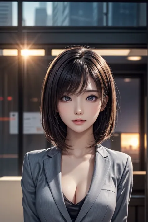 straight bob hair, 1girl, (masterpiece, high quality:1.2), long eyelashes, detailed beautiful eyes, perfect eyeliner, beautiful glossy lips, (((round face))), soft facial contours, radiant skin glow, realistic skin pores, beautiful breasts, wearing a gray ...