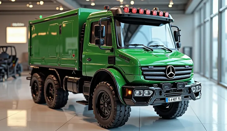 3D render of a heavily modified 2025 Mercedes-Benz Unimog 5033 in Heavy-Duty Truck in Unimog Green colour, Front & Left Side View, The Heavy-Duty Truck features closing doors, ultra-high-detail glossy and shiny modifications, including sleek add-ons. The M...