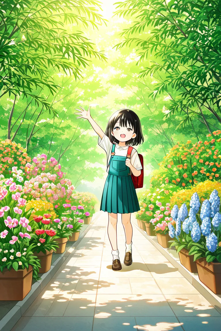  elementary school girls、garden、is waving here、 black hair、red backpack