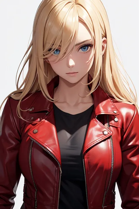 Beautiful blonde woman, long hair, 30-year-old adult, wearing short red leather jacket with short low-cut black t-shirt underneath, black pants fitted to the body, white background, looking at the viewer ((Best Quality)) (( Masterpiece)) ((pretty face))