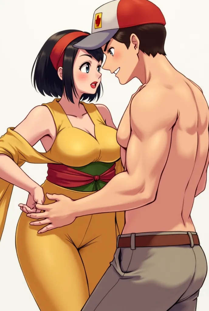 Erika_(pokemon), 1girl, short_hair, bob_cut, black_hair, parted_bangs, hairband, red_hairband, grey_eyes, eyelashes, kimono, yellow_kimono, obi, large_breasts,  bare_shoulders, nipples, thick_thighs, thighs, legs, wide_hips, pussy, pussy_juice, curvy, hour...