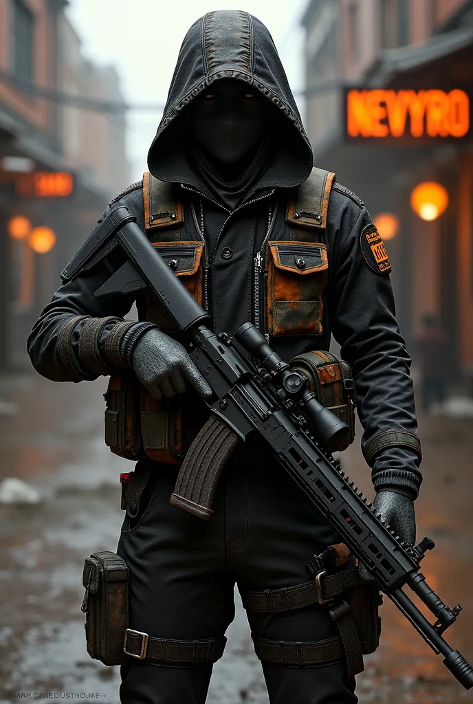 Call of duty black ops 2 background sniper soldier badass , outfit colour black and  orange  , the name NevYro  in front , ratio scale is for youtube video thumbnail , nuketown 2025 , call of duty black op 2 logo 