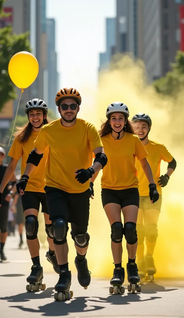 Grupo Mujeres y Hombres Massive 22 years old, on inline skates, wearing yellow t-shirts,  short black, hull, knee pads, Gloves, helium balloon in the hand, moving around the city in the afternoon, yellow smoke flare, yellow luminous wheels