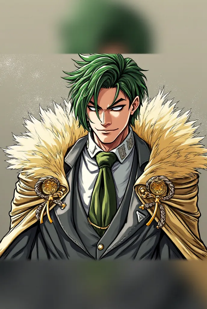 A handsome anime guy with a sharp jawline with green hair, grey tuxedo, wearing a dark green tie, wearing a long cape with golden fur on the shoulders, and beautiful golden jewellery, also has an arrogant facial expression (smirking)