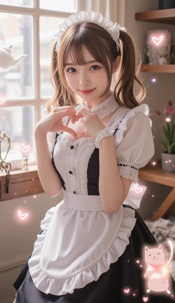 (A cheerful young woman with long, wavy light brown hair styled in twin tails) dressed in a (classic black and white French maid outfit with delicate lace details, puffed sleeves, and a matching frilly headband adorned with small bows). She smiles brightly...