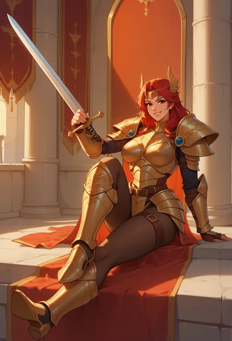  a woman, sexy, big dinners, with tight armor,  warrior, guardia real, Smile perverza, resting a sword, in the background a castle with a flying dragon,  shoulder length hair, red hair,  brown eyes, hourglass body, legs and hips, with tights, full body, bi...