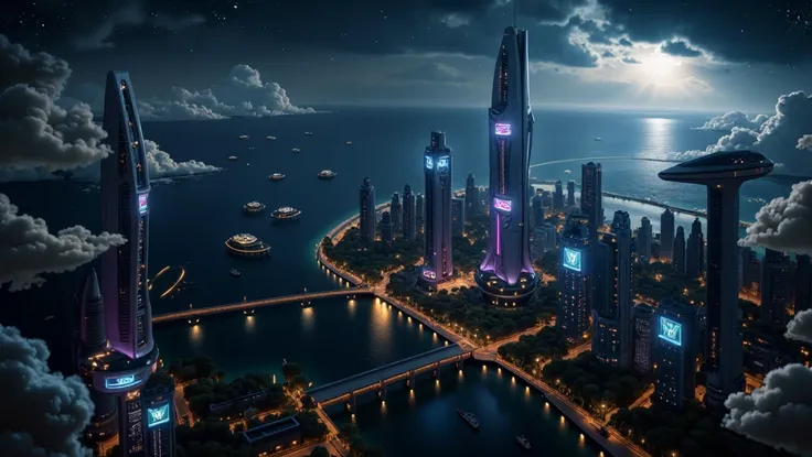 Create an ultra professional, realistic, cinematic, 8K quality image of a futuristic cityscape at night, featuring towering skyscrapers with advanced architectural designs and vibrant lighting. The city is surrounded by water, with several islands connecte...