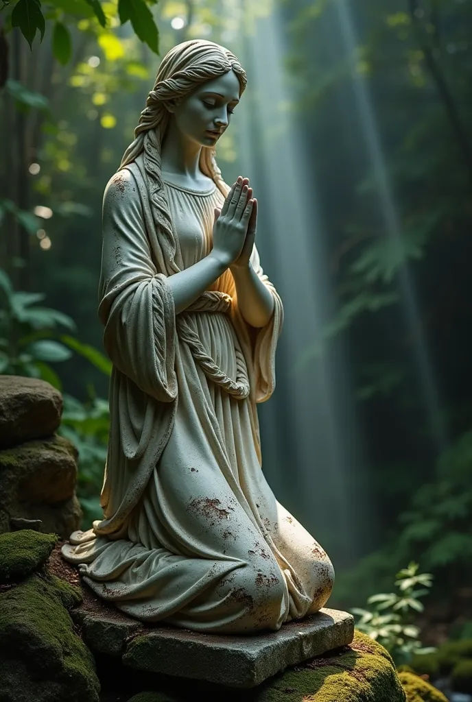 old and rusty broken white concrete statue of a pure queen goddess praying with closed hands in a dark rainforest enlightened by ray of light