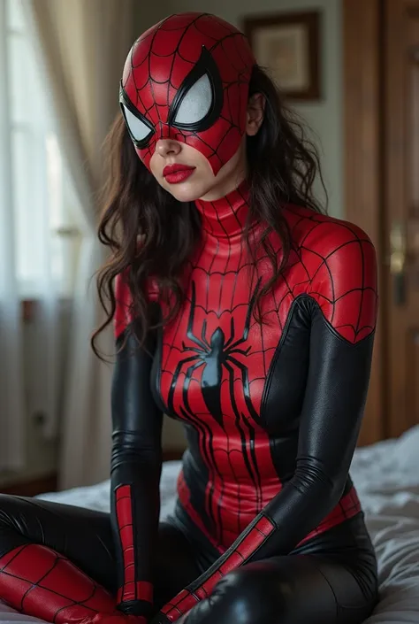 a close up of a woman in a spider suit sitting on a bed, a portrait inspired by Ayami Kojima, tumblr, net art, ( ( spiderwoman ) ), spiderwoman!!, spider woman, wearing tight suit, spiderwoman!!!!!, venom costume, in spandex suit, tight full body suit, lar...