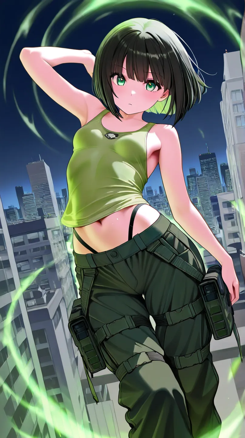 woman standing in frame. black bob cut hair style, small breast, tactical gear with straps and bags, loose fitted green combat pants, skin tight green tank top with horizontal black print, no bra, thin strap thong visible over pants. woman is flying over a...