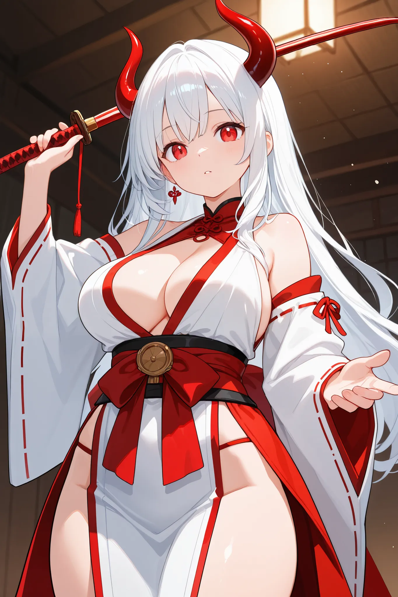 1 girl, Hair length reaches the back, Hair color is white with some red hair on the edges., red eyes, but not bright, curvy body, wear a sexy samurai outfit, หน้าอกไซส์ปานกลาง, have a devil's horn