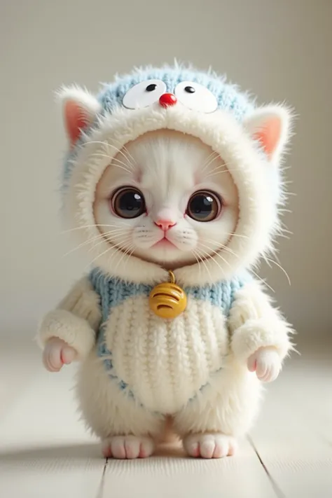  cute kitty、white fluffy sweater、white fluffy、Kitten wearing a Doraemon costume。