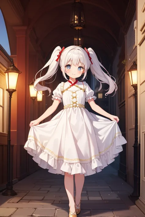 A lively and adorable anime girl with bright, sparkling eyes full of innocence and an infectious smile, radiating pure joy. Her fair skin glows softly in the sunlight, enhancing her youthful charm. She has silky white hair styled into playful twin tails, a...