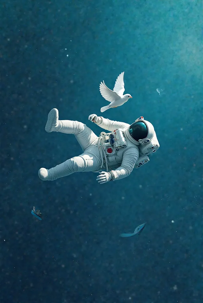 A dark blue space where astronaut falling down horizontally with a dove