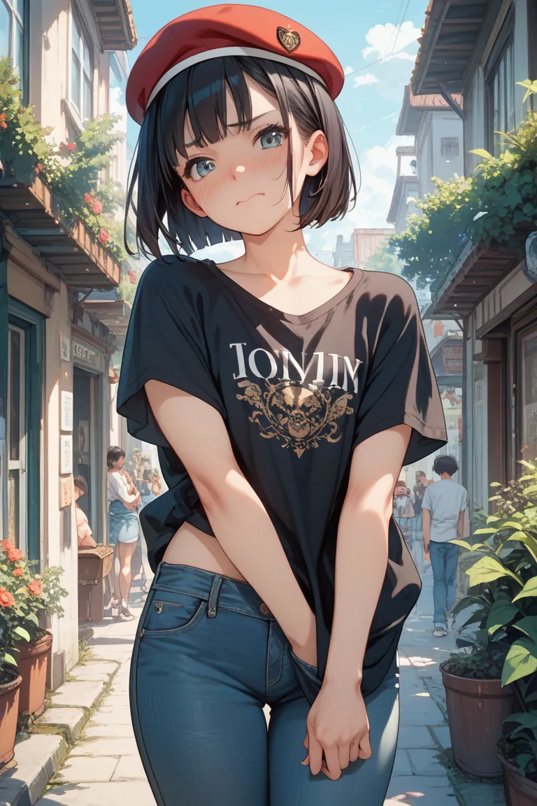 Lorianime 　anime style　 dark hair　bob cut the blue cloth　embarrassed face　 White Beret　flat chest　 shirtless　jeans　Take off your T-shirt