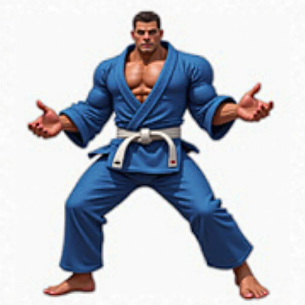 Comic Book Style A very loud and strong Jiu-Jitsu fighter, wearing a full blue kimono and wears a white band around the waist. His hands are open and he has a muscular physique, but slightly less exaggerated, maintaining an athletic and powerful appearance...