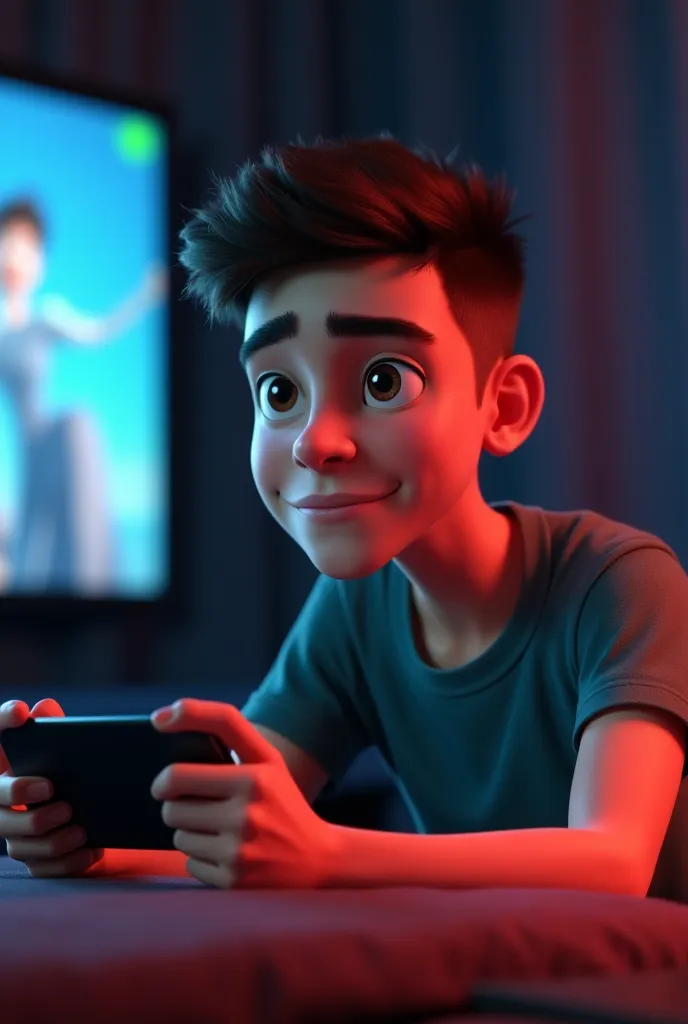 /imagine an animated 3D version in the realistic Pixar style on myself.  28 years old, Short hair shaved from the sides and combed back, slightly thick eyebrow, Clean face, In a bedroom gamer playing video game [PASTE THE LINK TO YOUR PHOTO]