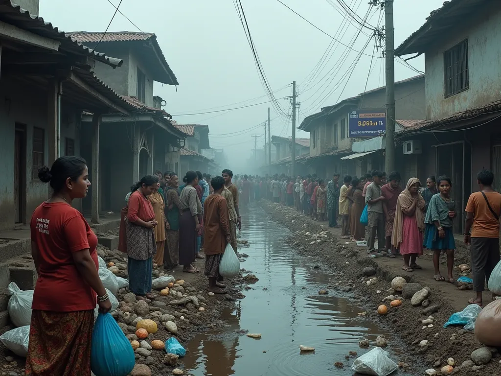 "A crowded urban slum with broken homes, ren collecting garbage, and families struggling for food. Polluted water flows through the streets, while people wait in long lines for limited resources. A tired mother looks at her empty pantry. In the background,...