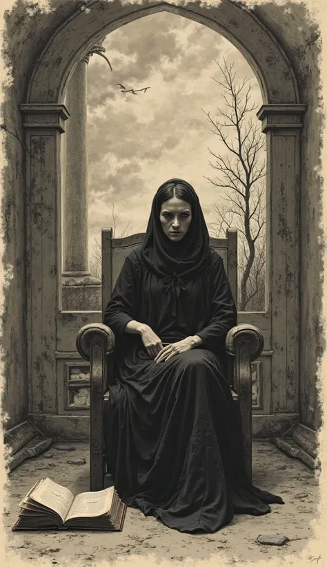 "Vintage style illustration, inspired by 19th century engravings, with sepia tones and black and white.  in the center,  a dark figure , dressed in period clothes, is seated on an old chair in a desolate environment.  her face is serious, with an expressio...