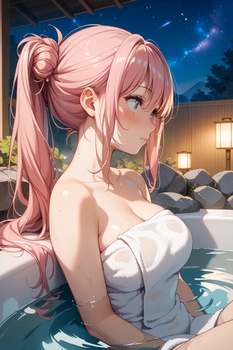 hot spring、mixed bathing、Stone bath、Large bathtub、Kizuna Ai、long hair、blush、is embarrassing、look here、profile、 sky full of stars、Night Sky、Half-body bath、I'm tying my hair、bath towel