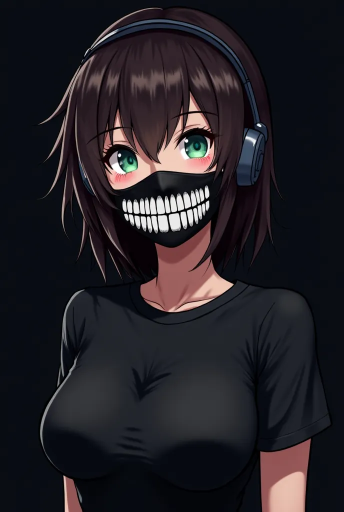  anime style , girl with a black mask over her mouth, on which the smile of the skeleton is painted, green-blue eyes, dark brown hair, headphones, dark background, black t-shirt, breasts size 4, plumper