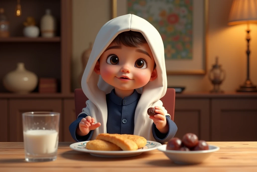 A highly realistic toddler character dressed in a pristine white Arabian jubba with a dark blue suit over it, sitting at a dining table during Suhoor (pre-dawn meal in Ramadan). The toddler has an intelligent and thoughtful expression, holding a glass of w...