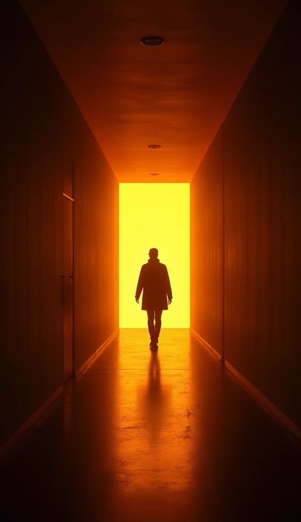 A shot of someone moving down a long, dark corridor that gradually lights up in shades of orange and gold.,  symbolizing the path to success .
 Visual Details:
Marked contrast between the darkness of the environment and the vibrant light that illuminates t...