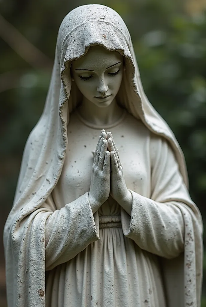 concrete old statue queen goddess similar to Virgin Mary praying with closed hands. rotated a little bit to left and a little high angle view.