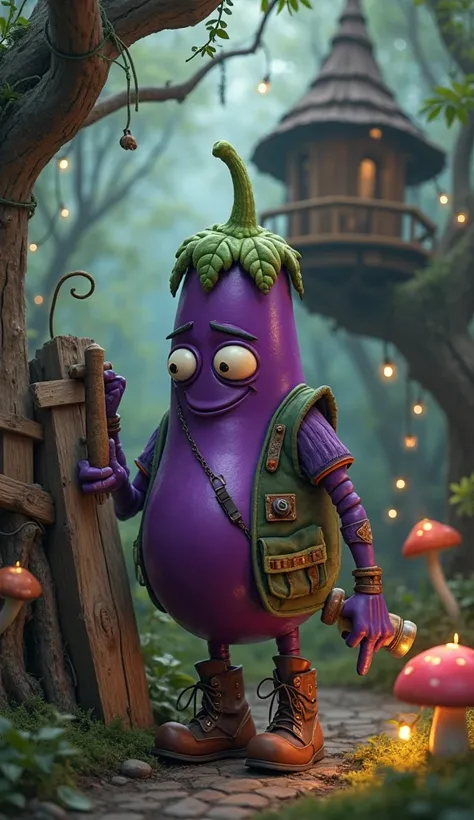 The delightful but slightly eerie anthropomorphic eggplant brings an unusual charm to the enchanted forest village. With a sleek, dark purple body and exaggerated features like large, wide eyes and a cheeky smile, the eggplant character seems to jump out o...