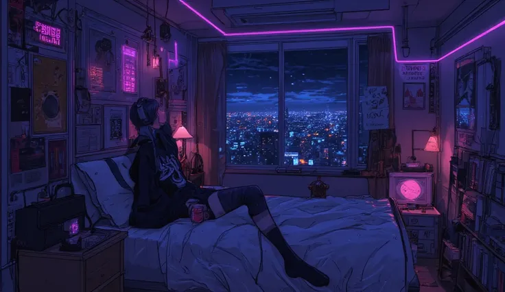 Anime-style lofi art of a dreamy young female with short dark blue hair and deep blue eyes, sitting on her bed at night with oversized black headphones, lost in the rhythm of lo-fi music. She wears an oversized black sweater and thigh-high socks, holding a...