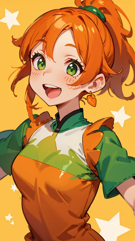 1 girl、orange clothes、orange hair、ponytail、 beautiful green eyes 、Laughter、smile、Shrimp mascot、upper body closeup