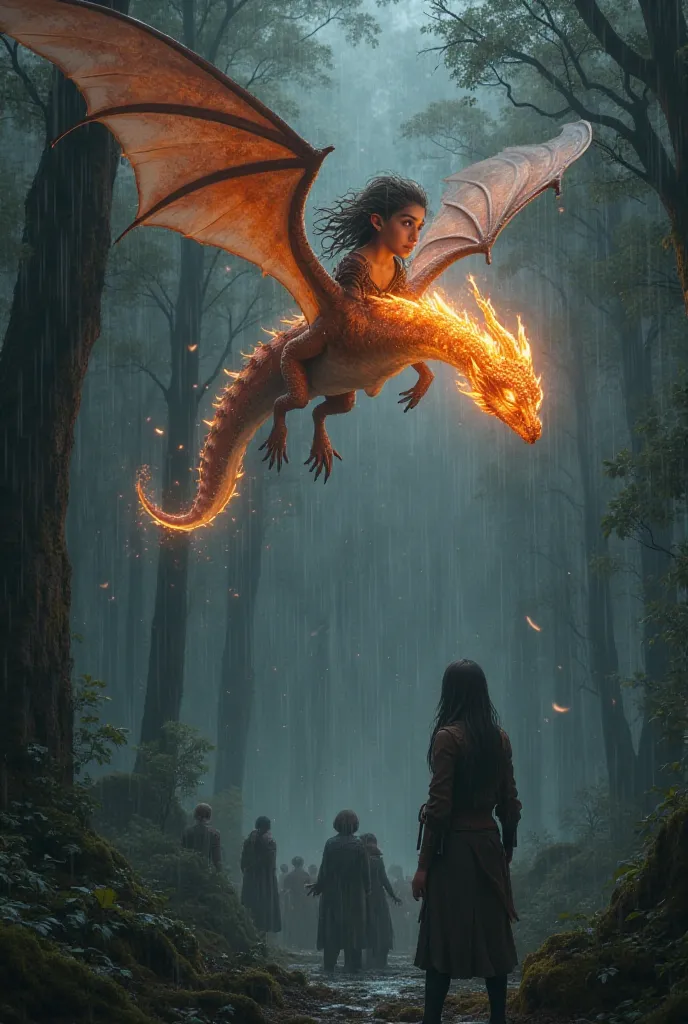 Aman wood elf with a small fire dragon and they are above the trees looking down at a group of people in a dark atmosphere at night with rain and their solutions epic atmosphere