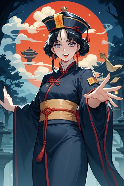 Create an illustration of a Jiangshi (hopping vampire) in a cel-shaded anime style, using a limited 16-color palette. The Jiangshi has a pale, greenish complexion and wears a traditional Chinese robe with tattered edges, a mandarin hat, and a talisman on i...