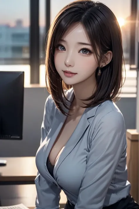 straight bob hair, 1girl, (masterpiece, high quality:1.2), long eyelashes, detailed beautiful eyes, perfect eyeliner, beautiful glossy lips, (((round face))), soft facial contours, radiant skin glow, realistic skin pores, beautiful breasts, wearing a gray ...