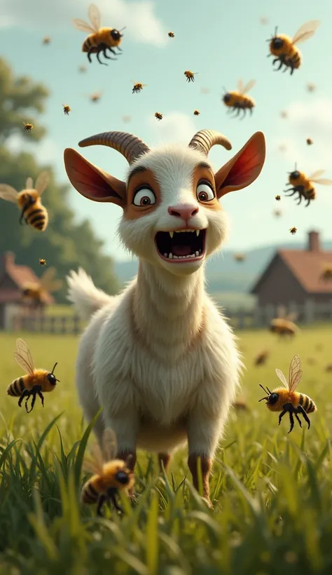 A distressed white and brown goat stands in a grassy field, surrounded by a swarm of aggressive bees. The goat’s eyes are wide with fear, and it tries to shake off the bees. Some bees are landing on its fur, while others hover in the air. The background fe...