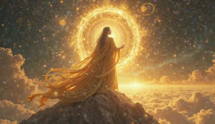 A spiritual figure dressed in a golden robe, on a floating mountain in the middle of the cosmos, looking serenely at a portal of golden light that opens toward a distant galaxy, as stars and cosmic lights circle around her."