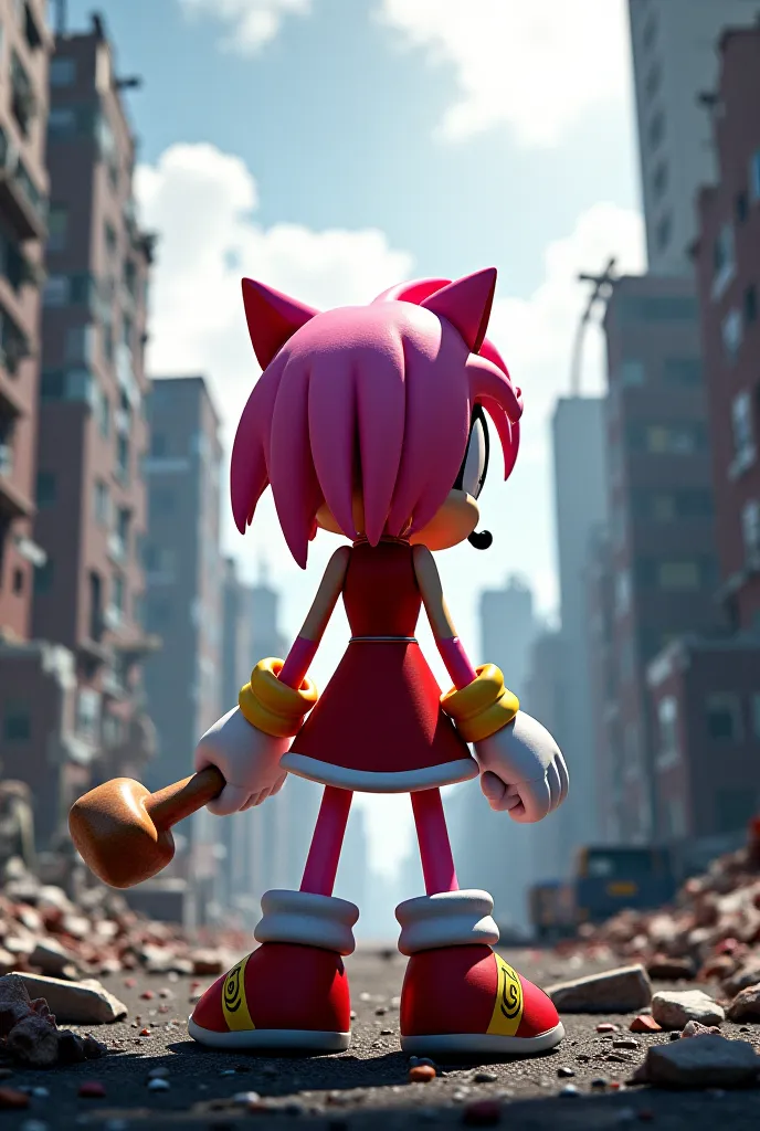 Amy rose from behind in a destroyed city 