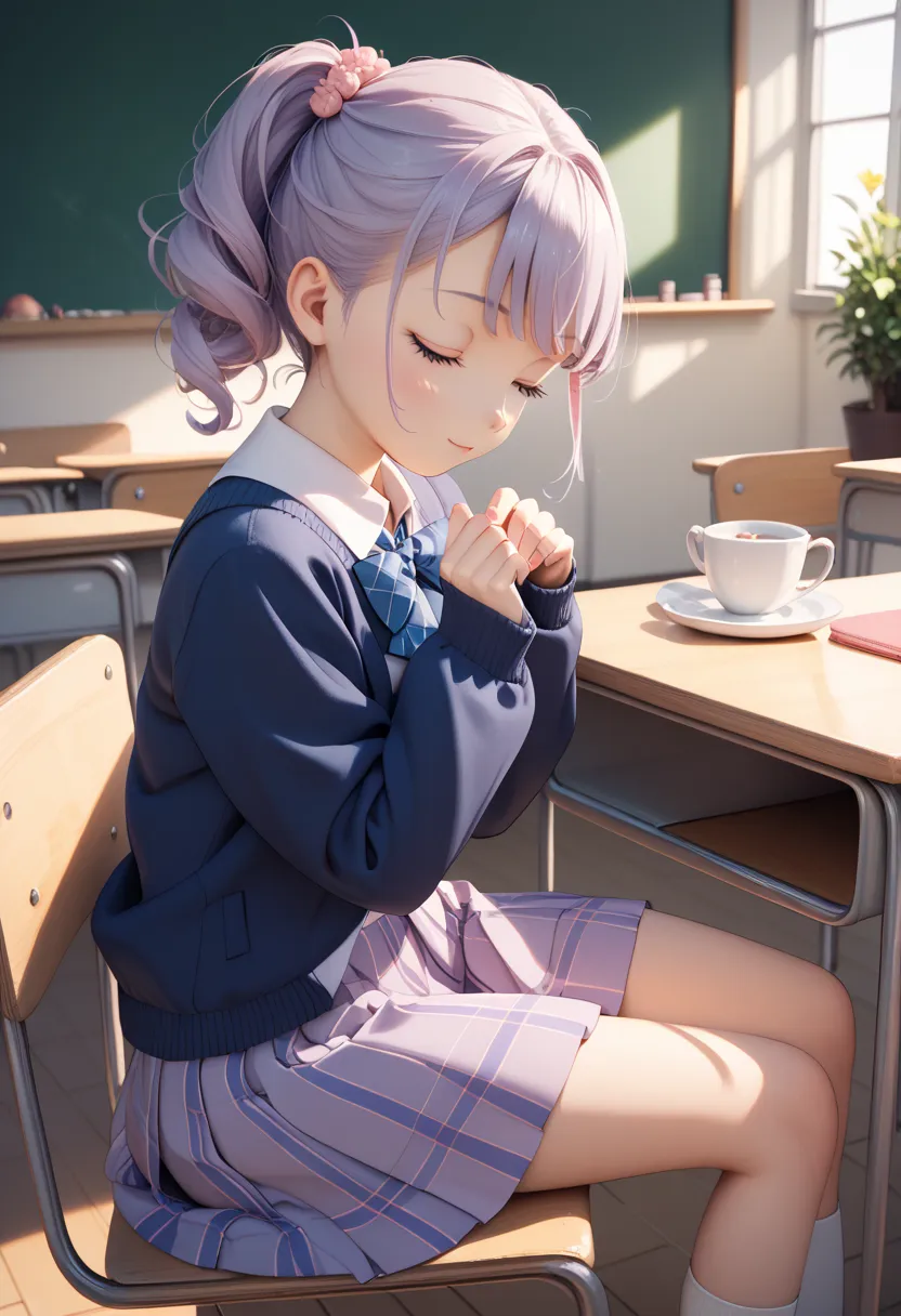 angle from the side　Focus on the upper body　　A girl is sleeping sitting on a chair　Put your upper body on the desk 　beautiful eyes detailed eyes detailed face　( elementary school girls)　white long sleeve blouse　cute japanese woman with light purple skirt  ...