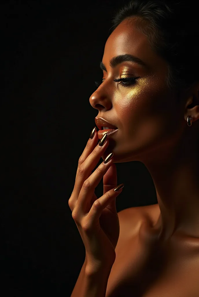 A, profile model with the hand close to the mouth, highlighting well-done nails and long,  perfectly designed eyebrows, elongated lashes and elegant gold makeup. The model has a soft and sophisticated expression,  with a touch of glamor. She is illuminated...