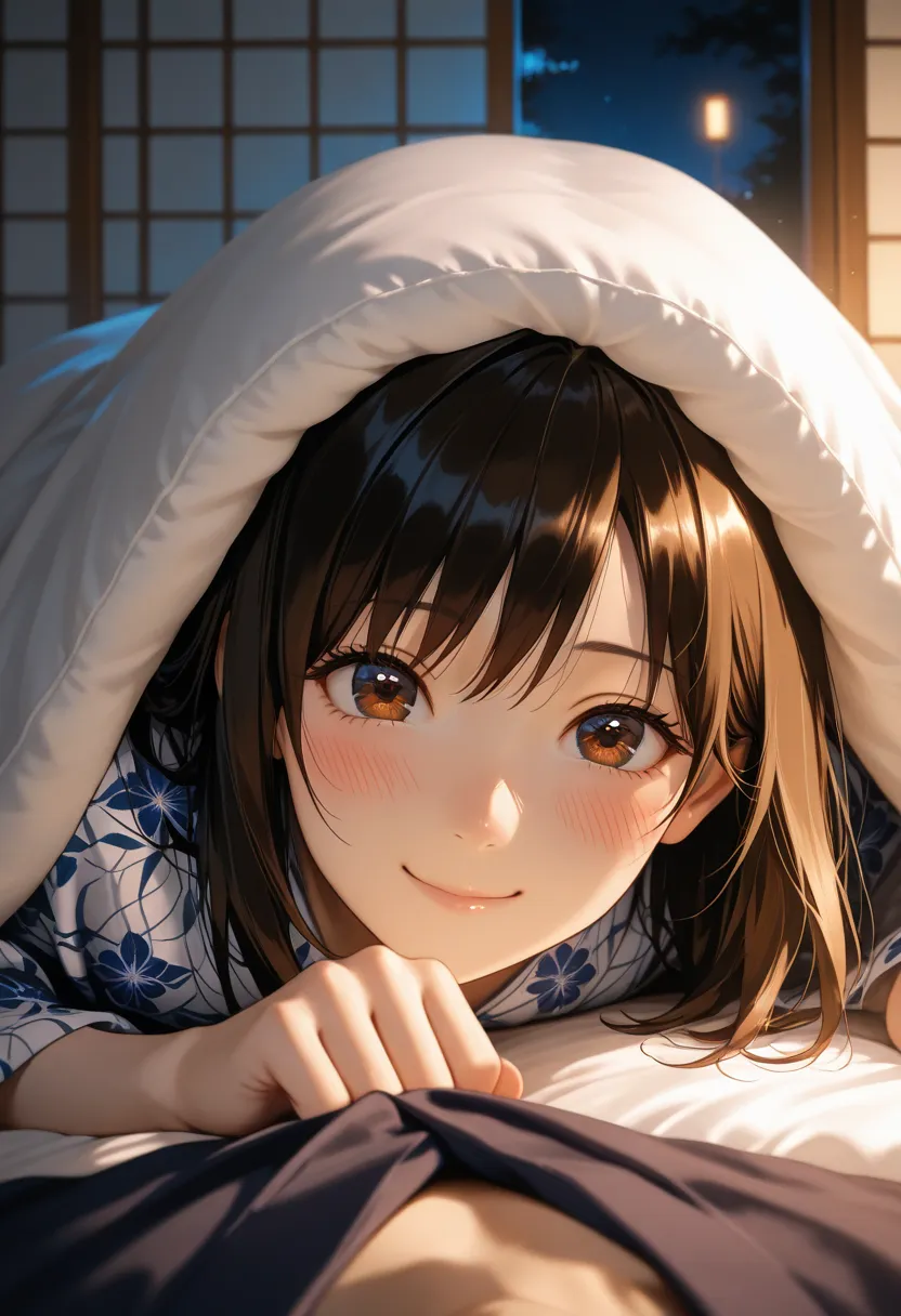 masterpiece, best quality, vibrant, very aesthetic, high contrast,photorealistic portrait,beautiful detailed face,detailed texture,detailed skin, newest ,BREAK 1girl,Ichigo 100%,source_Ichigo 100%,toujou aya,yukata,on the futon,in the ryokan,night,complete...