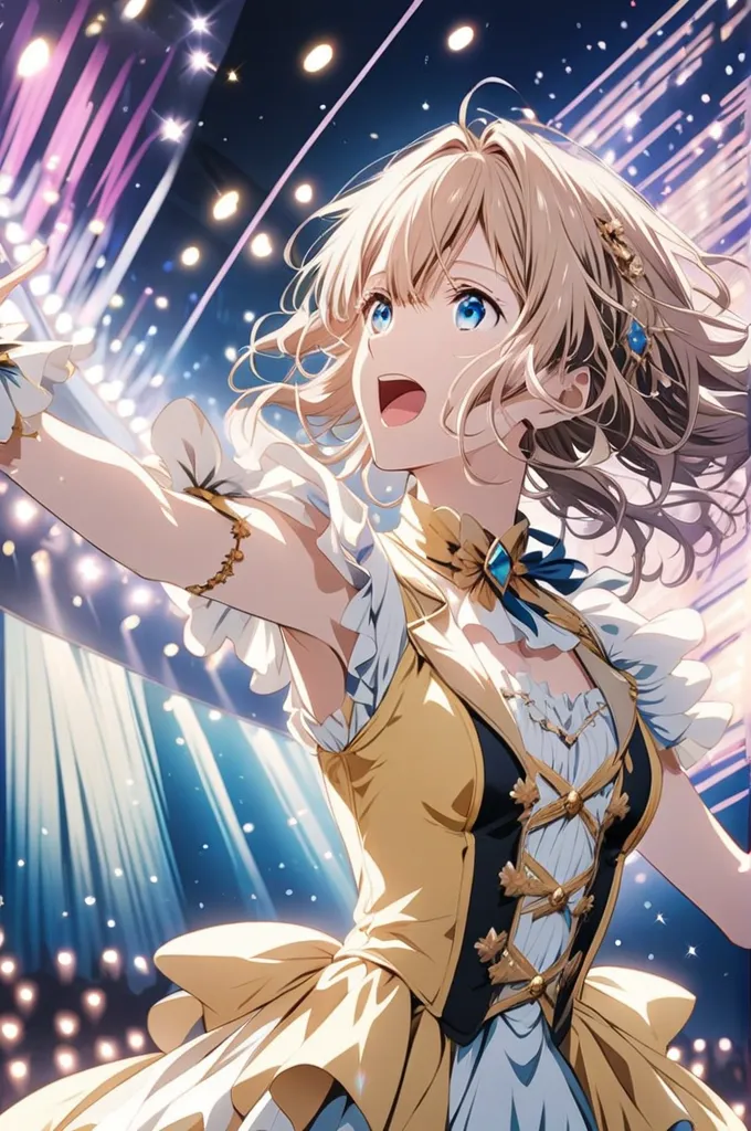 Anime-style illustration Violet Evergarden style, beautiful woman, circus diva on stage, singing passionately, gorgeous dress, illuminated by multiple spots, appearance, national idol upper body close-up,