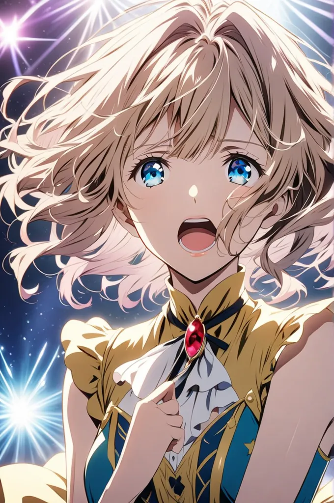 Anime-style illustration Violet Evergarden style, beautiful woman, circus diva on stage, singing passionately, gorgeous dress, illuminated by multiple spots, appearance, national idol upper body close-up,