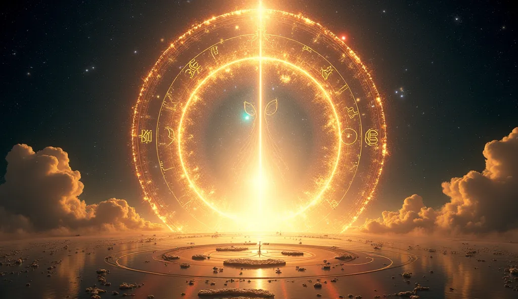 "A celestial portal opening in space, with golden and silver lights flowing through it. The portal has divine symbols, like the Crescent Moon and 'M', etched on its edges. The scene symbolizes a transition to a new state of spiritual ascension."