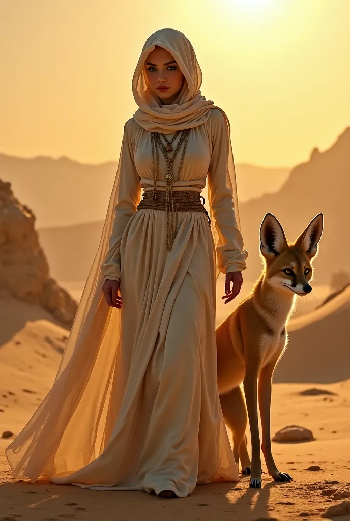 A beautiful veiled woman who covers her face has a supernatural power that she uses to fight evil. She is assisted by a large fennec fox that has supernatural powers in a desert environment.