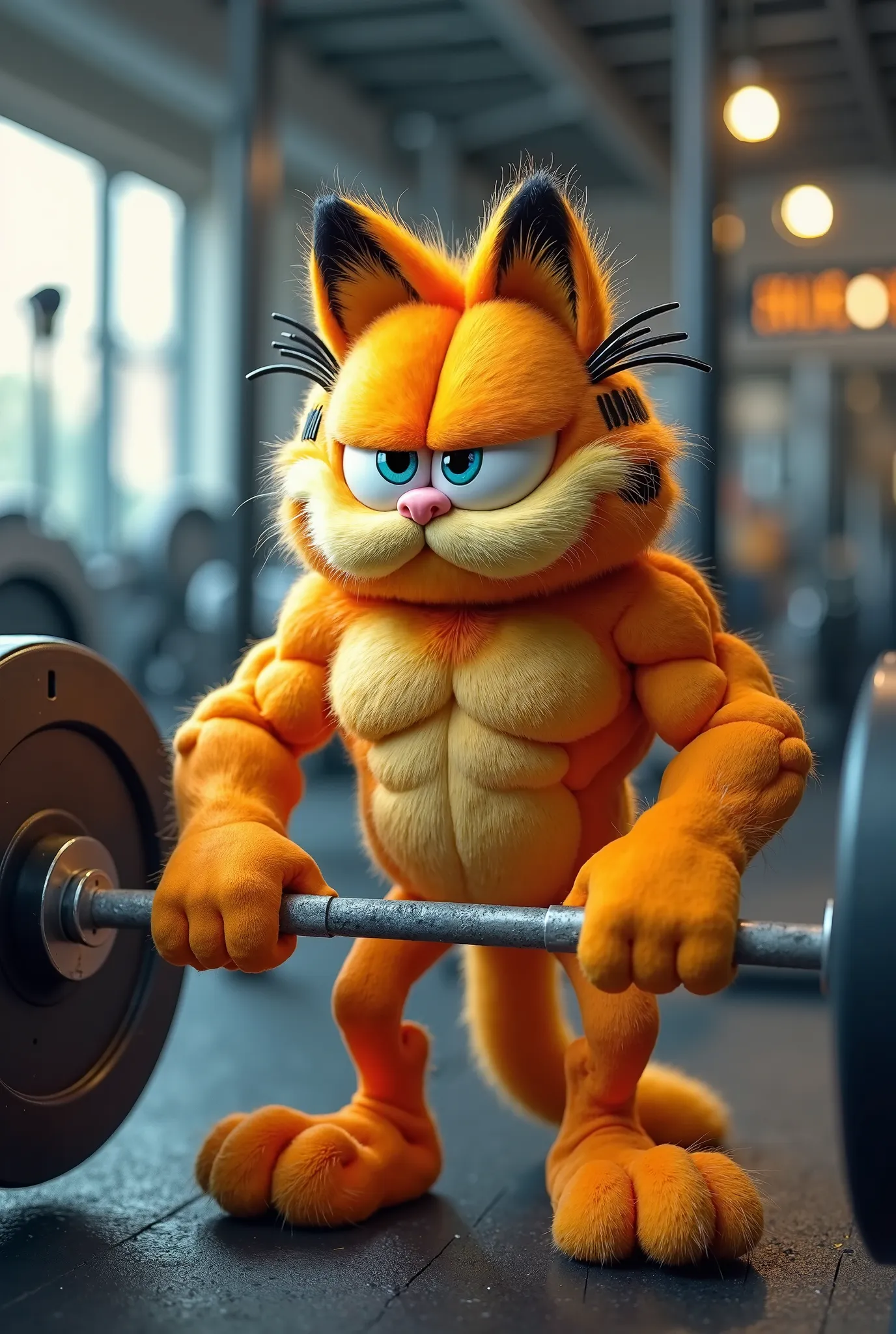 Muscular Garfield, doing gym 